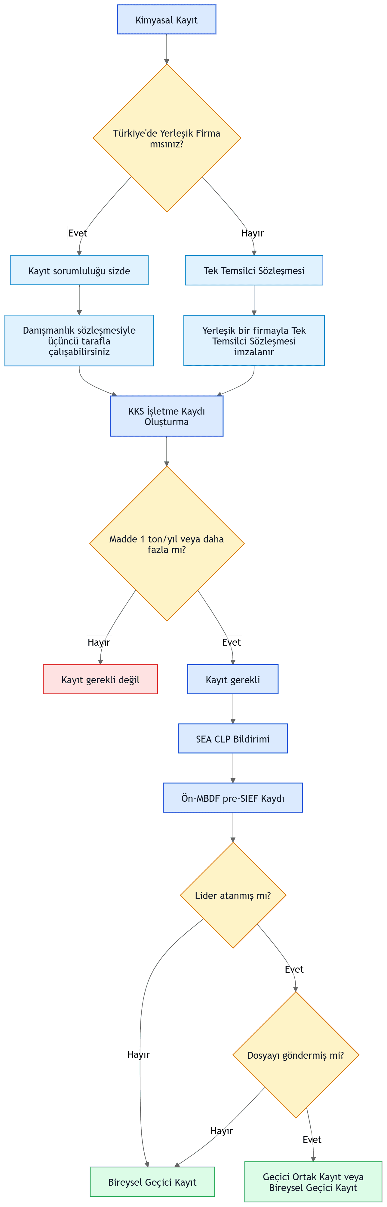 KKDİK bireysel geçici kayıt için KKS, 1 ton/yıl eşiği, SEA bildirimi, Ön-MBDF ve lider kayıt kararlarını gösteren profesyonel akış diyagramı